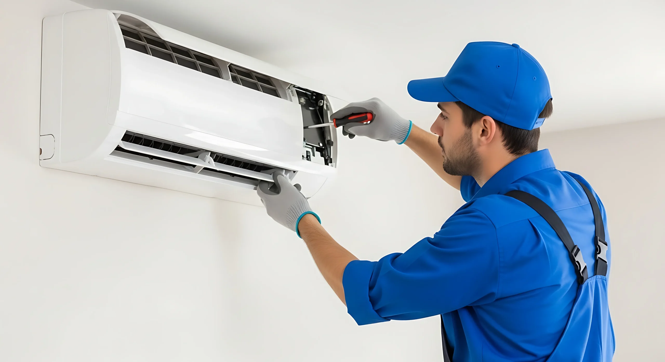 Technician Changing White Wall Mounted Air Conditioner AC Filter in Modern Indoor Setting